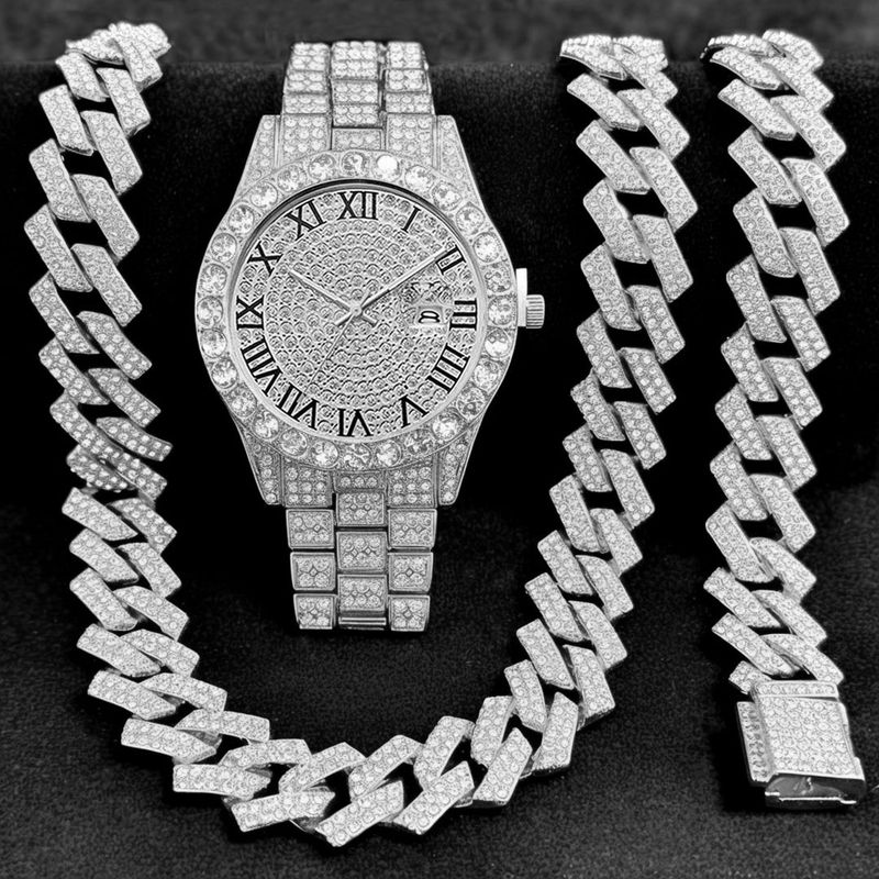 Ensemble de bijoux tendance hip-hop, montre unisexe à chaîne en or avec micro-incrustations de zircon cubain et diamants._voghion.com
