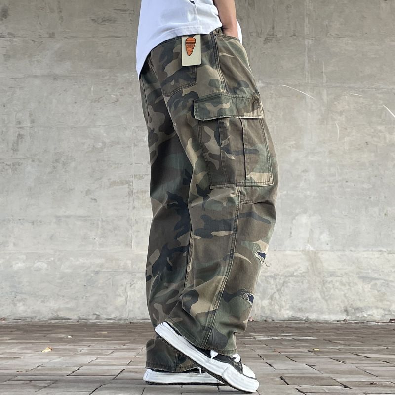 Vintage Streetwear Camo Cargo Pants For Men – Distressed Washed Denim With Handmade Patches & Ripped Details_voghion.com