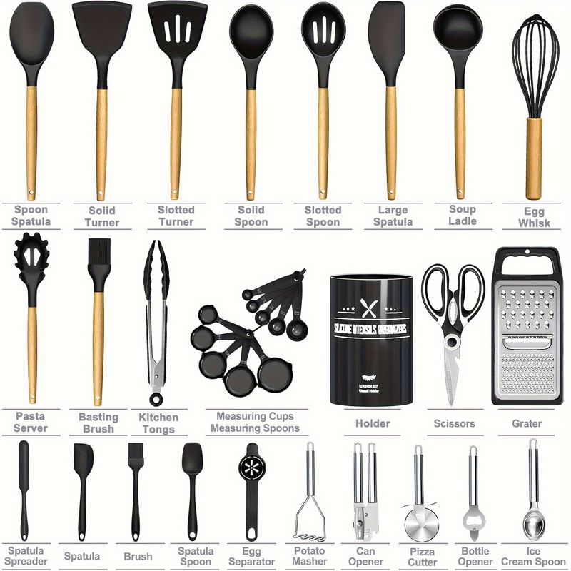 34-teiliges Küchenhelfer-Set aus Silikon mit Halter, hitzebeständig, antihaftbeschichtet, Kochgeschirr, Werkzeuge, schwarze Holzgriffe, Vatergeschenk_voghion.com
