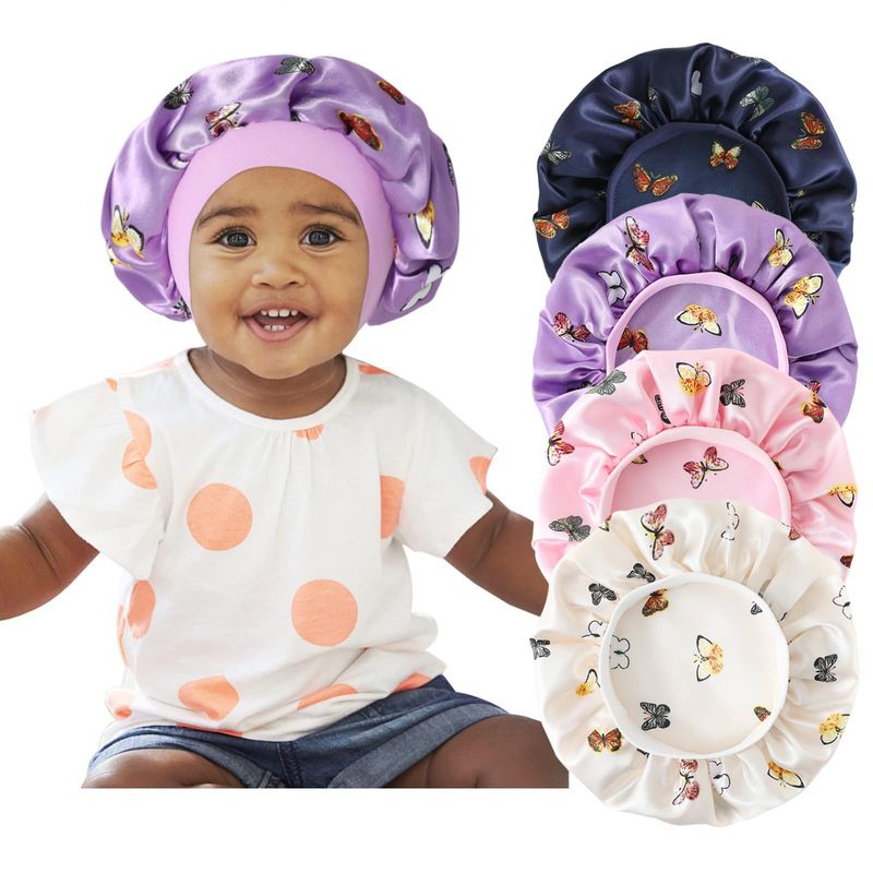 Cuffia da notte per bambini in seta con tesa larga e stampa a farfalla - Fascia elastica, morbida e traspirante per tutte le stagioni, protezione solare e cura dei capelli_voghion.com