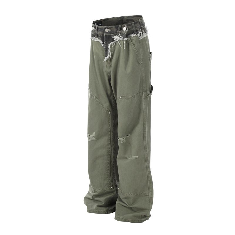 Herrenbekleidung Overalls für Männer und Frauen Camouflage Patchwork Löcher Lose Gerade Cleanfit Wisch-Freizeithose_voghion.com