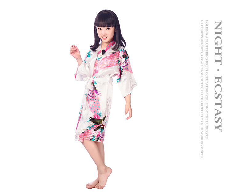 Peacock Peony Printed Children's Nightgown, Summer Girl Long Ice Silk Thin Style, Home Bathrobe Cardigan Design--Size 6 (90-100cm)_voghion.com