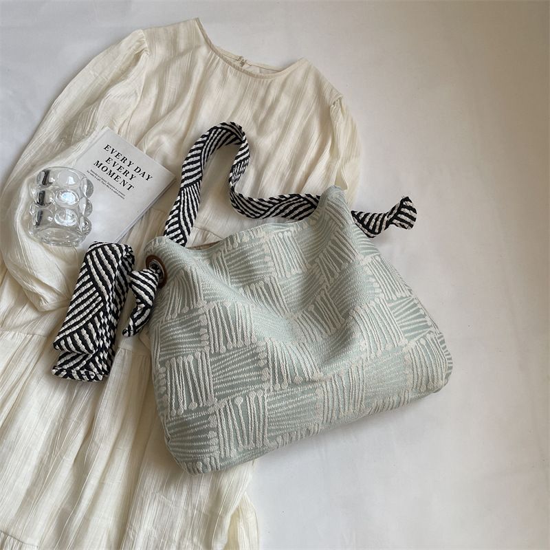 Underarm Forest Style Canvas Trendy Striped Shoulder Office Commute Large Capacity Women's Shopping Bag_voghion.com