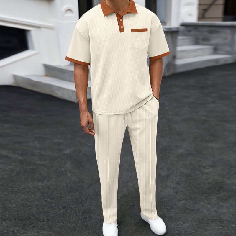 2025 Men's New Waffle Collar Color Blocked Short Sleeved Pants Two-piece Casual Set_voghion.com