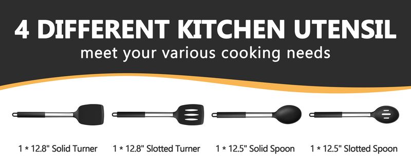 Black Kitchen Cooking Utensils 4-Piece Set, Silicone Solid Spatula Slotted Spoon Shovel For Non-Stick Cookware_voghion.com