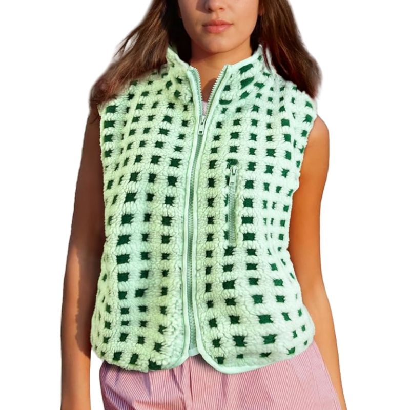 Gilet zippé en polaire gaufrée pour femme, col montant, sans manches, superposition légère et chaude pour l'automne et l'hiver_voghion.com