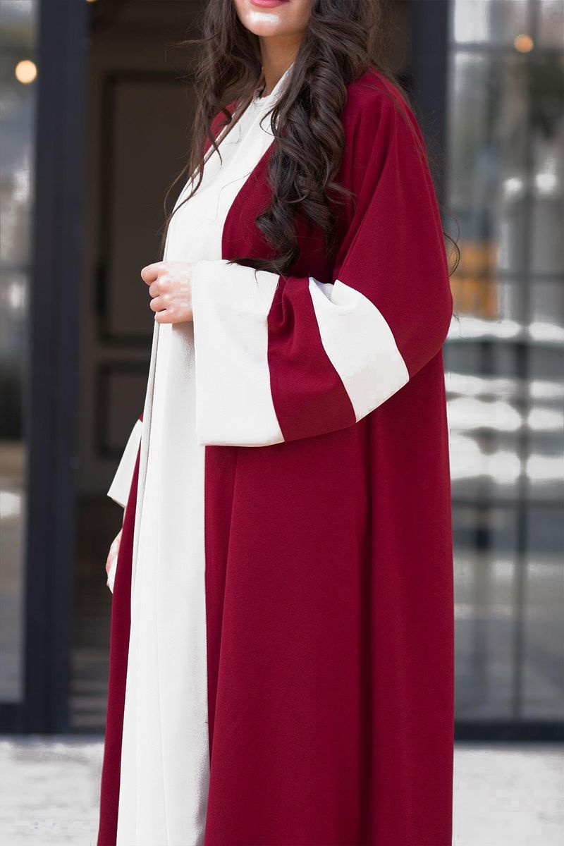 Elegant Contrast-Trim Abaya – Modest Long Dress With Flared Sleeves (S-XL, Black/Navy/Red)_voghion.com