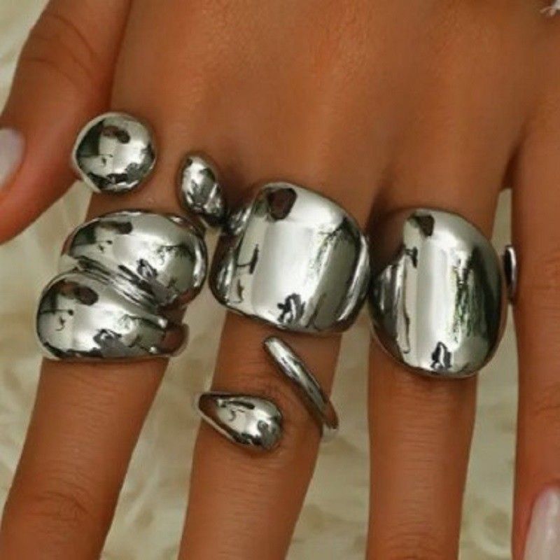 Unique Metal Texture Glossy Ring Set Exaggerated Geometric High-end Rings_voghion.com