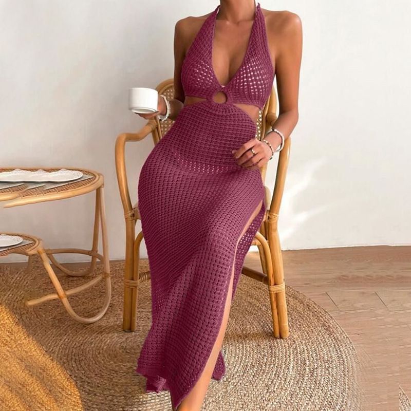 Vêtements pour femmes, nouvelle jupe de plage d'été pour femmes, couleur unie, sexy, tricotée, ajourée, robe de plage, cache-maillot de bain_voghion.com