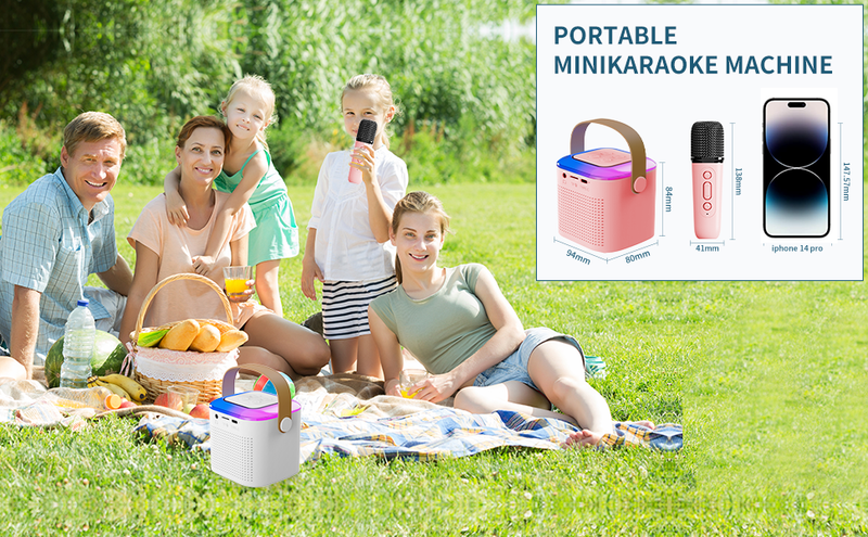 Draagbare karaokemachine met 2 draadloze microfoons, mini-karaokemachine met led-lampjes, Bluetooth-luidspreker voor kinderfeestjes en volwassenen_voghion.com