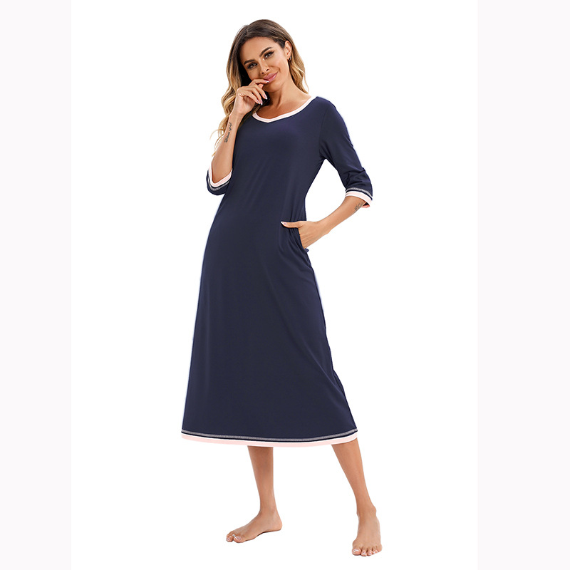 Roupas femininas, camiseta feminina de comprimento médio, saia longa, decote em V, algodão, cor combinando, manga três quartos, camisola, comprimento médio, roupas para casa_voghion.com
