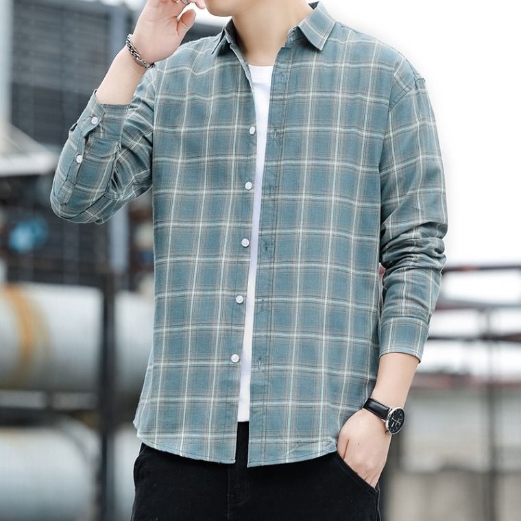 Long Sleeved Checkered Shirt For Men, Trendy, Simple, Versatile, Slim Fit, Commuting, Casual Shirt_voghion.com
