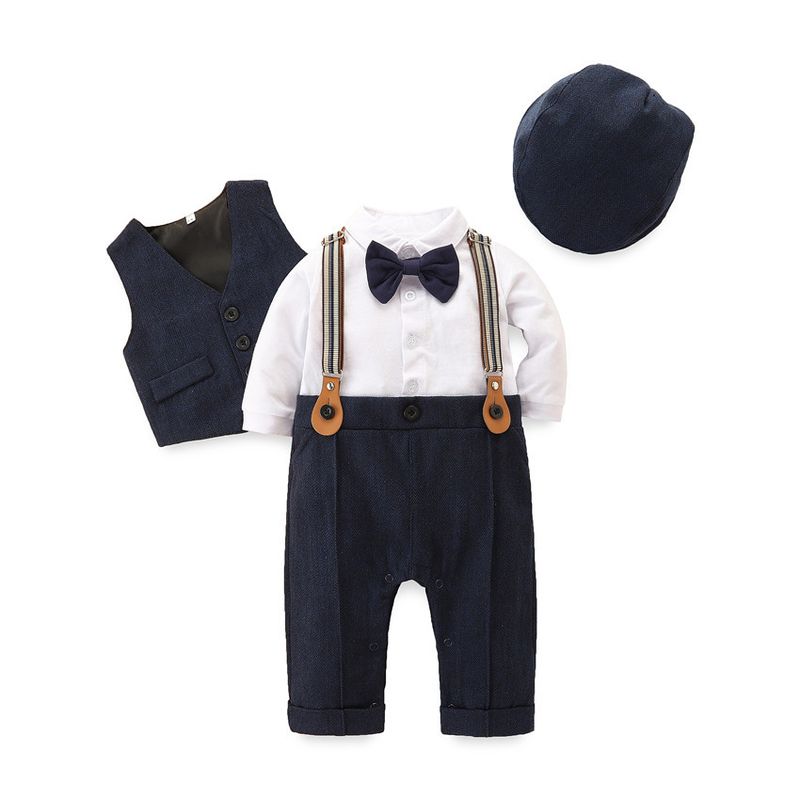 SAMGAMI BABY Ensemble trois pièces pour garçon, version coréenne, barboteuse à manches courtes, gilet et chapeau, blanc, nœud papillon, bretelles_voghion.com