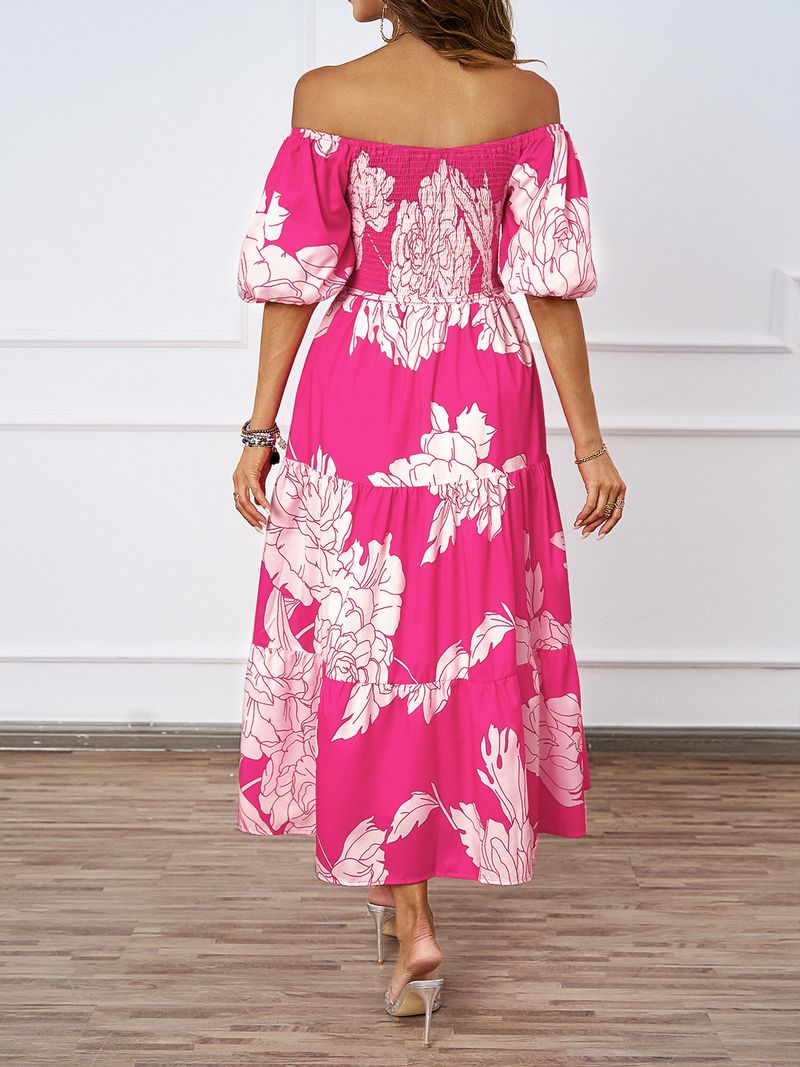 Damkläder Elegant Mönstrad Enaxlad Puffärm Modern Swingklänning_voghion.com
