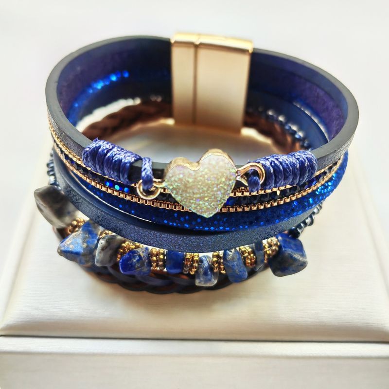 Multi Layer Fashionable Peach Heart Crushed Stone Leather Bracelet, Ladies' Magnetic Buckle Batch_voghion.com