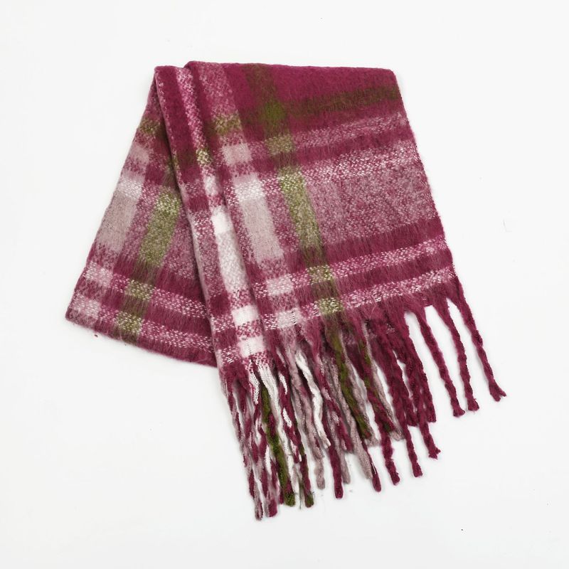 Écharpe à carreaux en mohair pour femme, châle d'hiver chaud et épais à carreaux avec franges, élégant et polyvalent, idéal pour le bureau décontracté._voghion.com