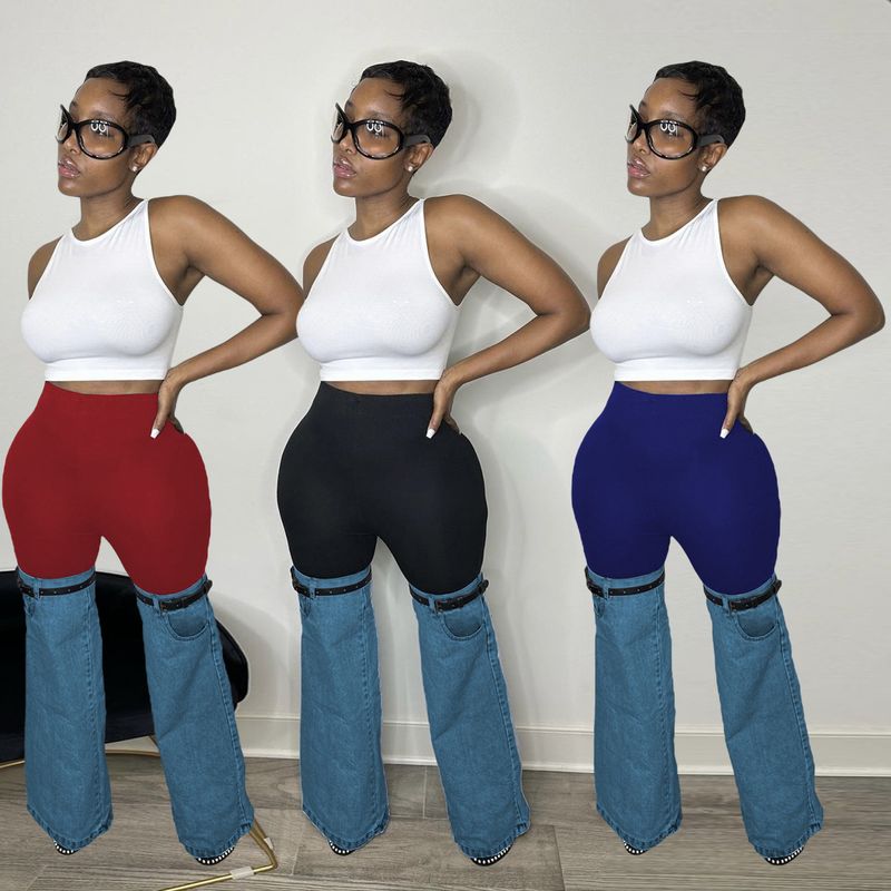 Damen-Patchwork-Kombi-Denim-Hose aus Stretch-Denim mit Micro-Flare-Hose_voghion.com