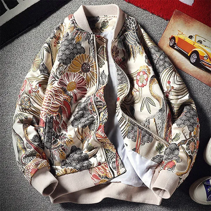 Baseball Mens - Embroidered Bomber Jacket With Floral Crane Design, Stand Collar Varsity Coat, Plus Size Streetwear_voghion.com