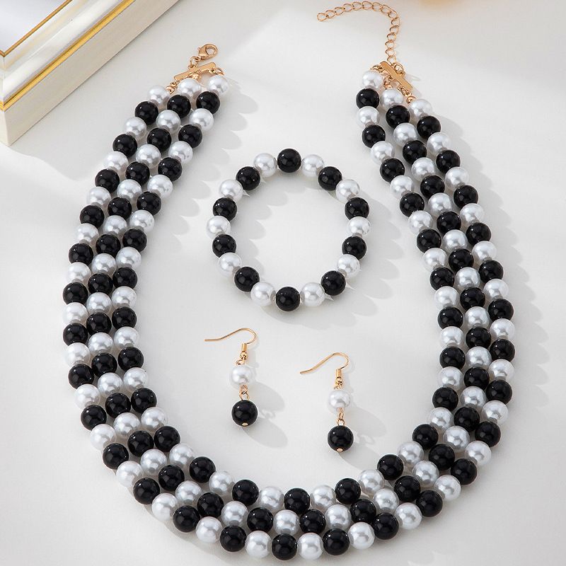 Jewelry Sets Necklace Earring Set Ring Bracelet Set New Exquisite High Gloss Black And White Pearl Design Earrings Bracelet Necklace Set_voghion.com