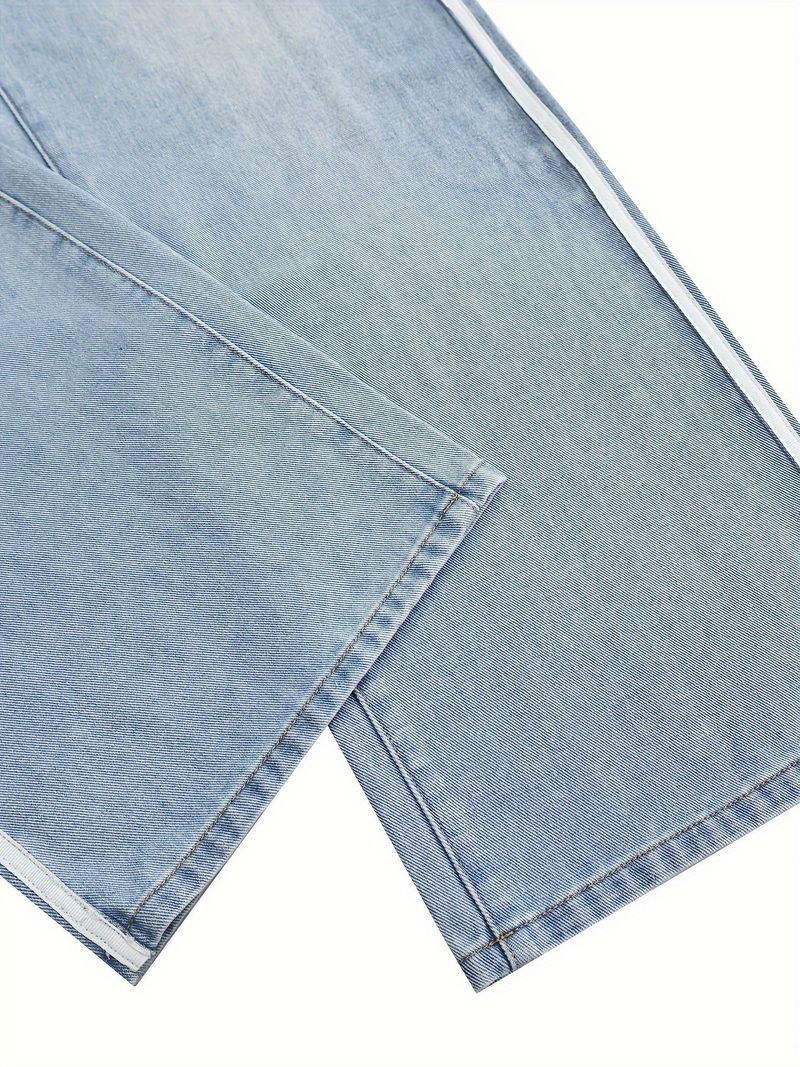 Calça jeans masculina com listras laterais estilo American Retro - Calça reta com lavagem High Street (preta, azul) - Essenciais para streetwear com caimento solto_voghion.com