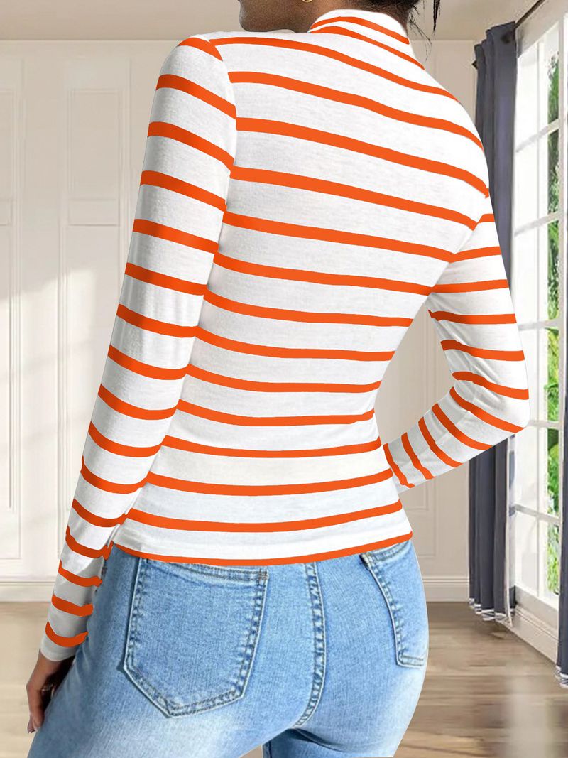 Maglietta a maniche corte in cotone a righe estive 2025 con collo alto, temperamento da pendolare, con cappuccio, da donna, lavorata a maglia_voghion.com