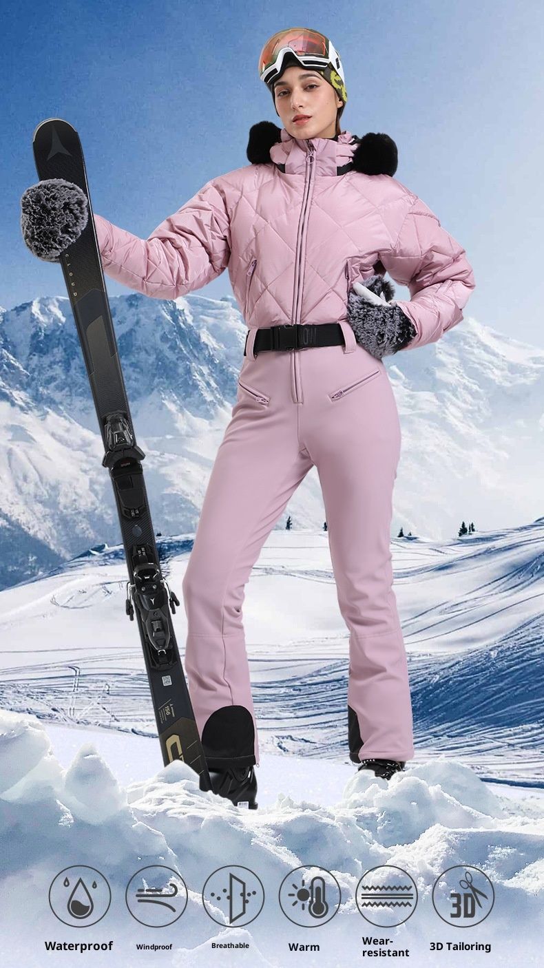 001 Nuevo traje de esquí de una pieza para mujer, impermeable, cortavientos, cálido, para deportes al aire libre, de plumón, para exportación._voghion.com
