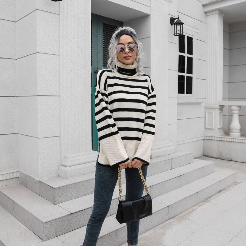 Women's mid-length sweater with striped side slit turtleneck_voghion.com