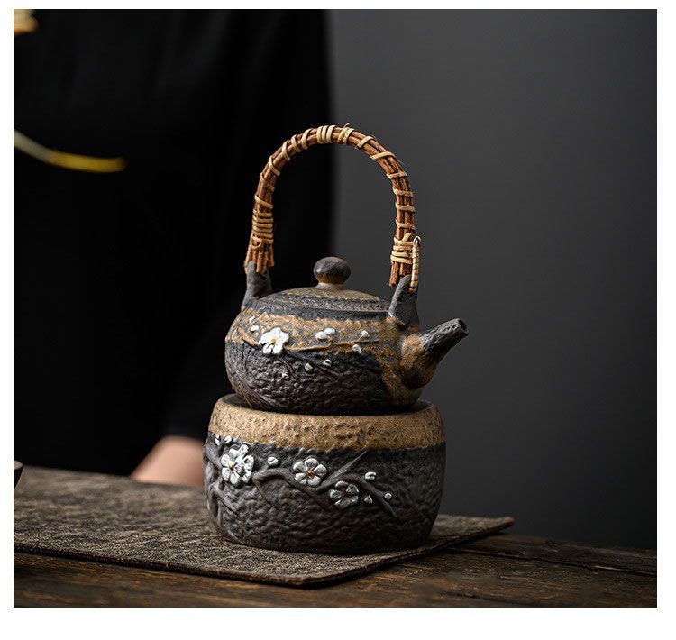 Théière japonaise en poterie grossière avec anse, grande théière simple en argile décorée d'argent, style Kung Fu_voghion.com