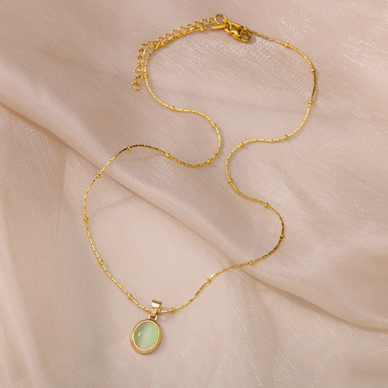 Fashion Stone Opal Oval Necklace For Women Stainless Steel Gold Color Oval Stone Pendant Necklace Wedding Aesthetic Jewelry Gift_voghion.com