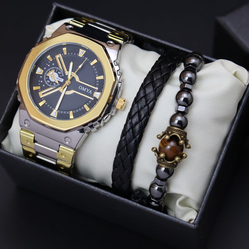Geschenkbox Uhrenset Herren Quarz Wasserdicht Kalender Uhr Armband Stahlband_voghion.com