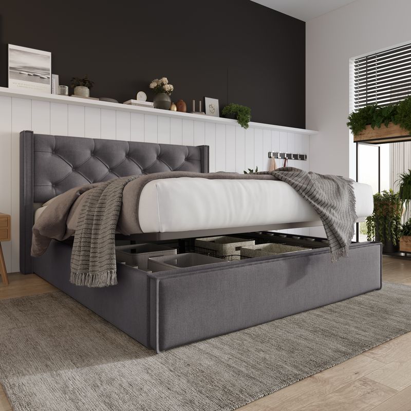 Cadre de lit coffre hydraulique avec sommier à lattes, lit double rembourré moderne 140 x 200 cm, tissu coton, gris, structure en métal_voghion.com
