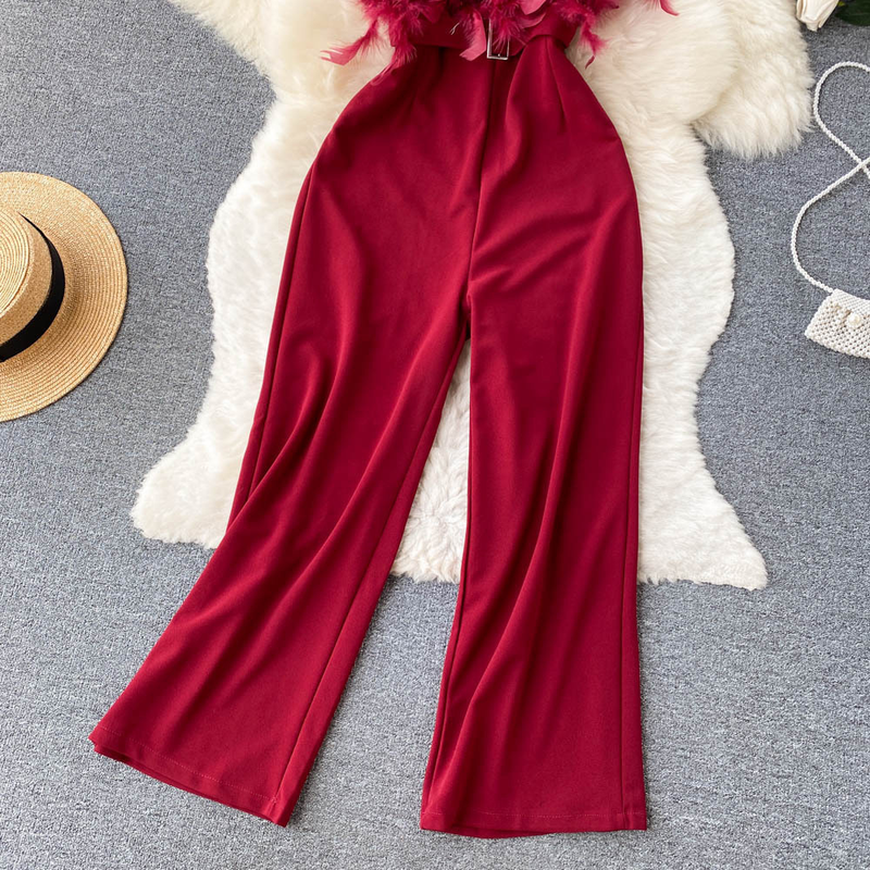 High-End-Nischen-Design, pelziger Overall mit Röhrenoberteil, Damen-Sommer-Neue, lockere, gerade Hose mit weitem Bein_voghion.com
