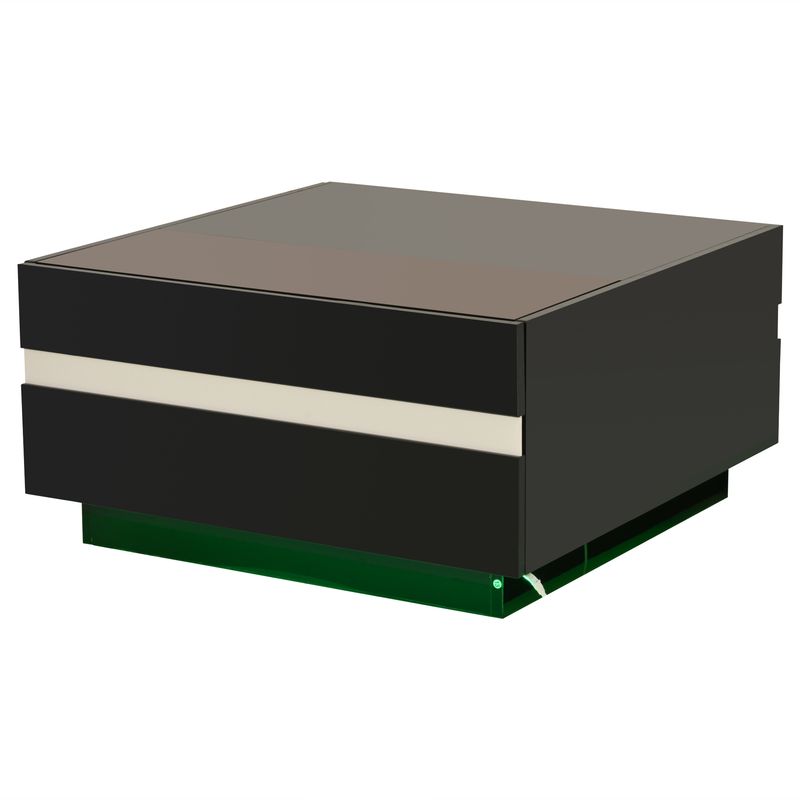 Table basse carrée 70 x 70 x 36 cm avec LED, table de salon haute brillance avec 2 tiroirs, table d'appoint avec plateau en verre trempé, table basse au design géométrique_voghion.com