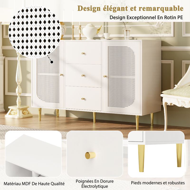 Credenza Weiß 120x90cm Mit Rattantür, Schublade, Holzschrank_voghion.com