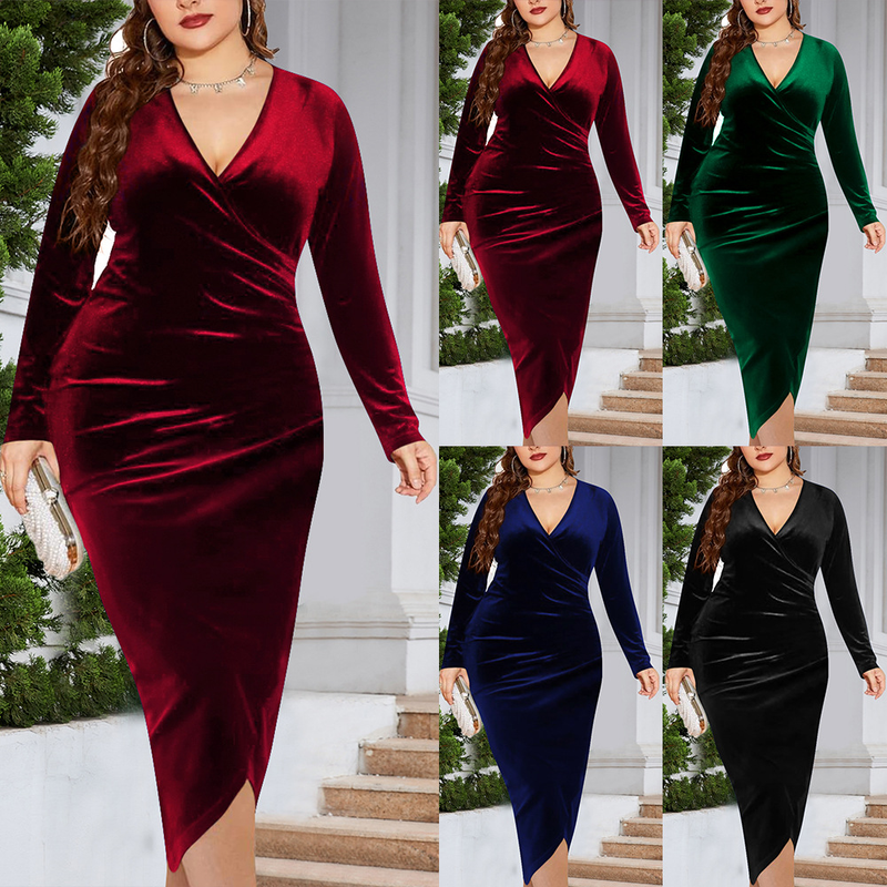 GraceChic Plus Size Langarm-Samt-Bodycon-Kleid mit Raffungen und tiefem V-Ausschnitt, sexy Party- und Cocktailkleid_voghion.com