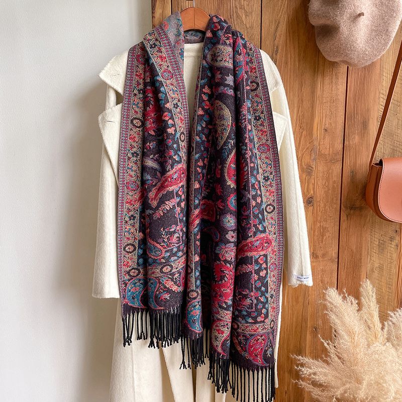 Sciarpa da turismo con fiori e frutta in stile etnico autunnale e invernale, da donna, in jacquard, con nappa, extra lungo, spesso_voghion.com