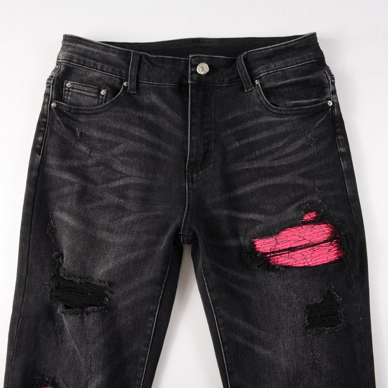 Men's Clothing Versatile Leather Ripped Jeans Stretch Slim Fit Jeans With Leather Patch & Ripped Detailing - Stretch Skinny Fit Denim Pants (Black)_voghion.com