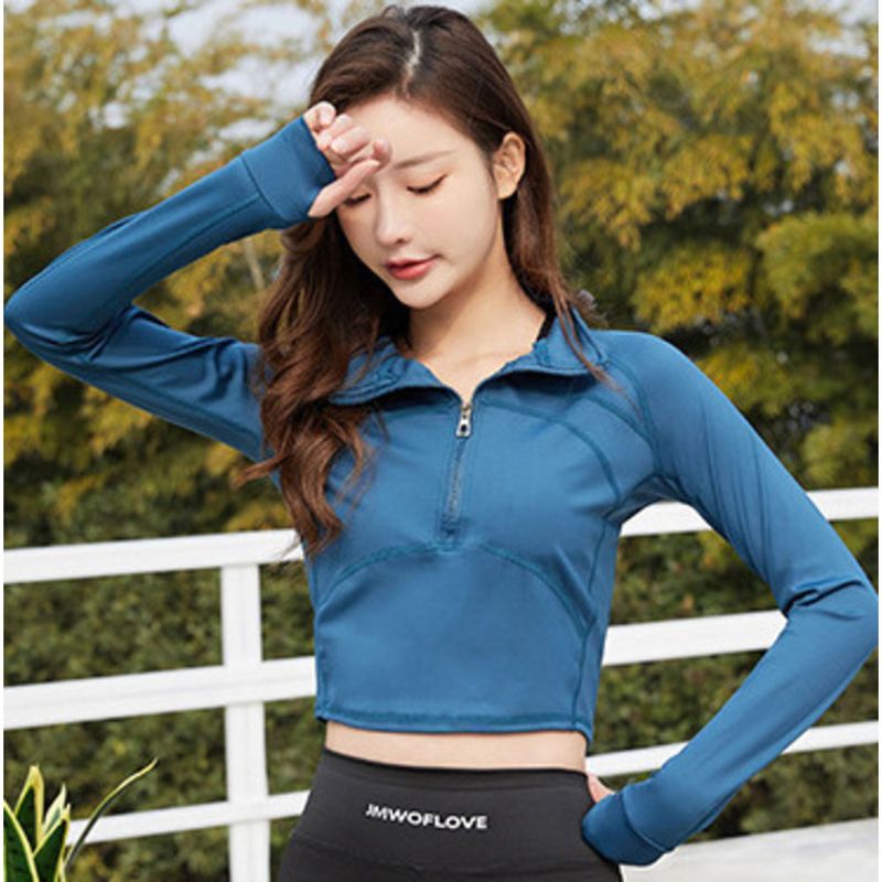 Maglia da yoga con mezza cerniera per donna, manica lunga, nuovo stile 2024, vestibilità slim, top fitness da corsa autunnale e invernale_voghion.com