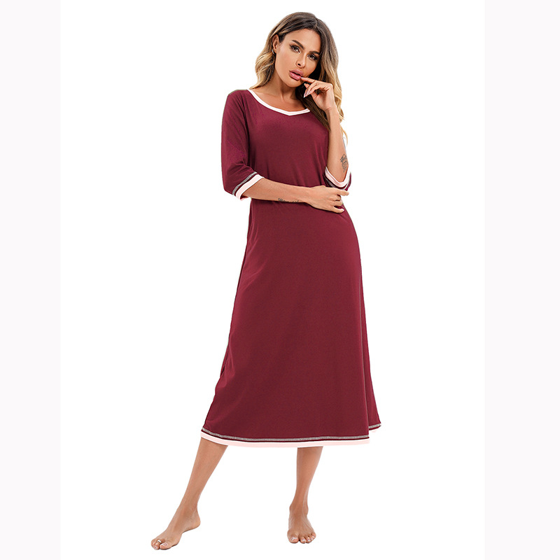 Roupas femininas, camiseta feminina de comprimento médio, saia longa, decote em V, algodão, cor combinando, manga três quartos, camisola, comprimento médio, roupas para casa_voghion.com