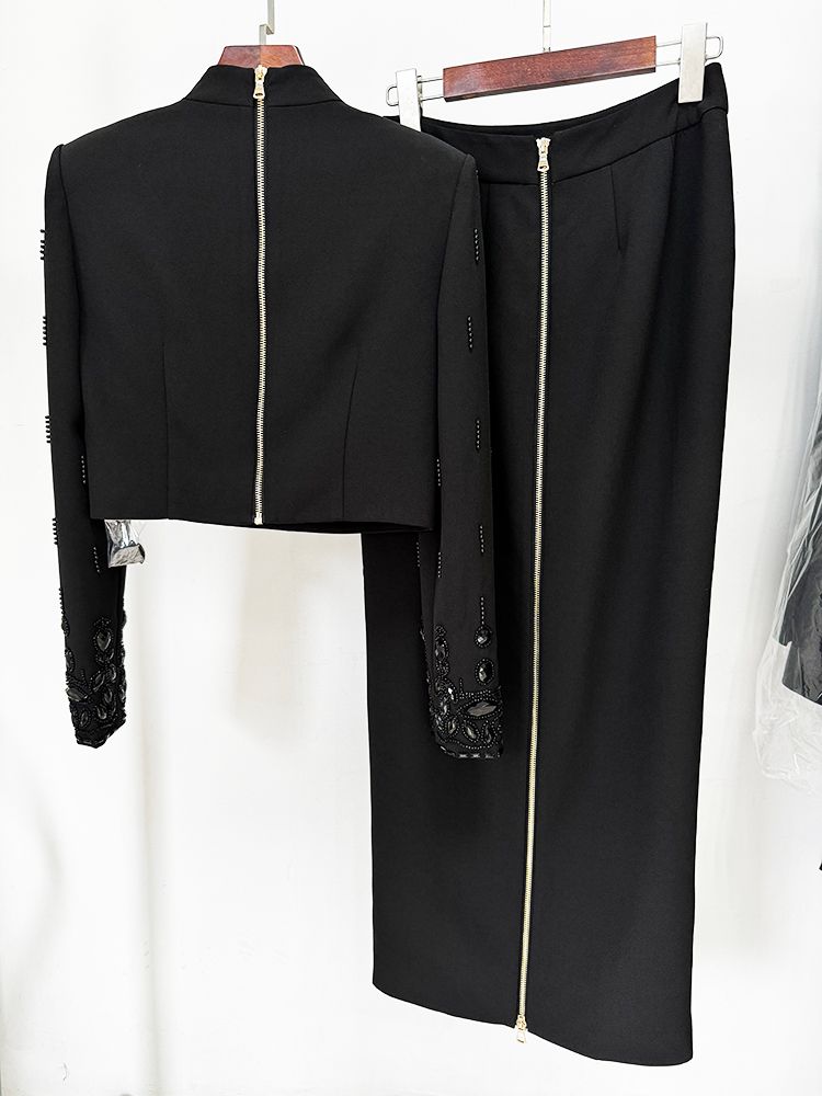 HIGH STREET Neuestes 2024 Designer Runway Anzug-Set für Damen, Stehkragen, Reißverschluss hinten, kurze Oberteile, langer Rock, 2-tlg._voghion.com