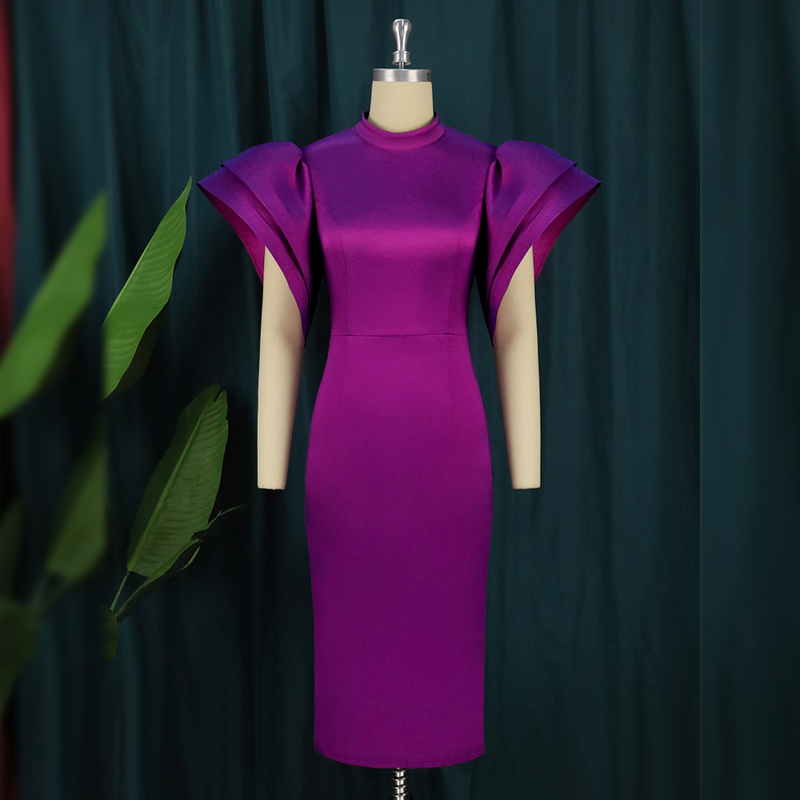 Damenkleid-Design-Nische, einfarbig, ausgestellte Ärmel, Neckholder, Stretch, Party-Abendkleid für Damen_voghion.com