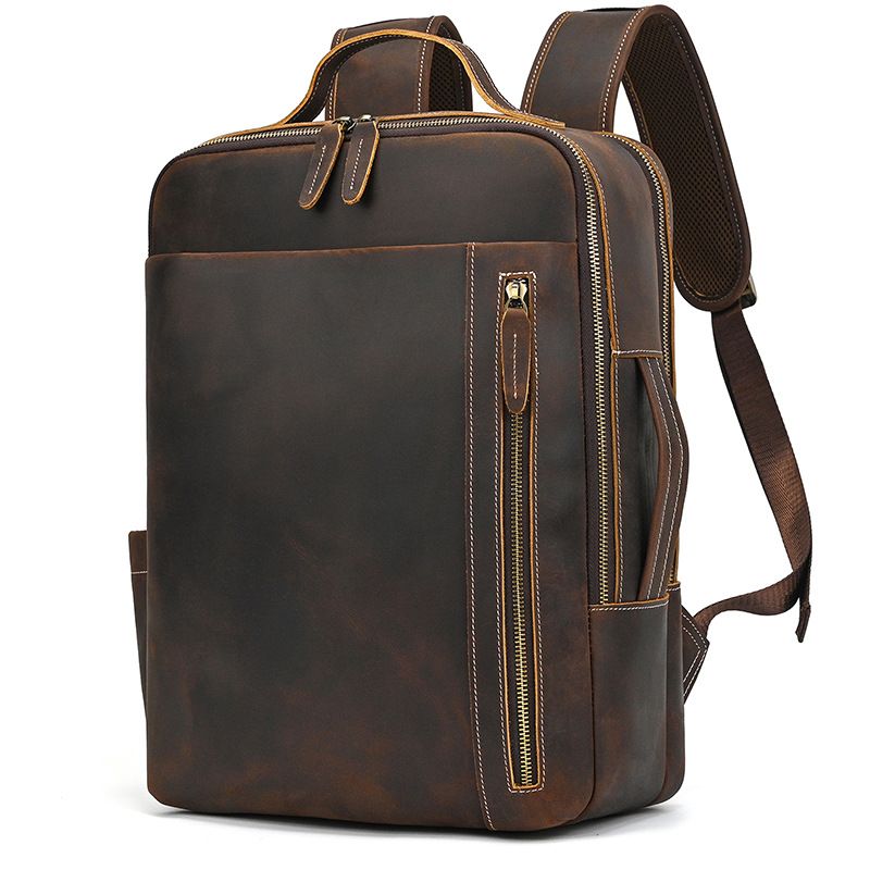 Top Layer Rindsleder Herren Crazy Horse Business-Rucksack mit großer Kapazität 16 Zoll lässige Reisetasche aus echtem Leder_voghion.com