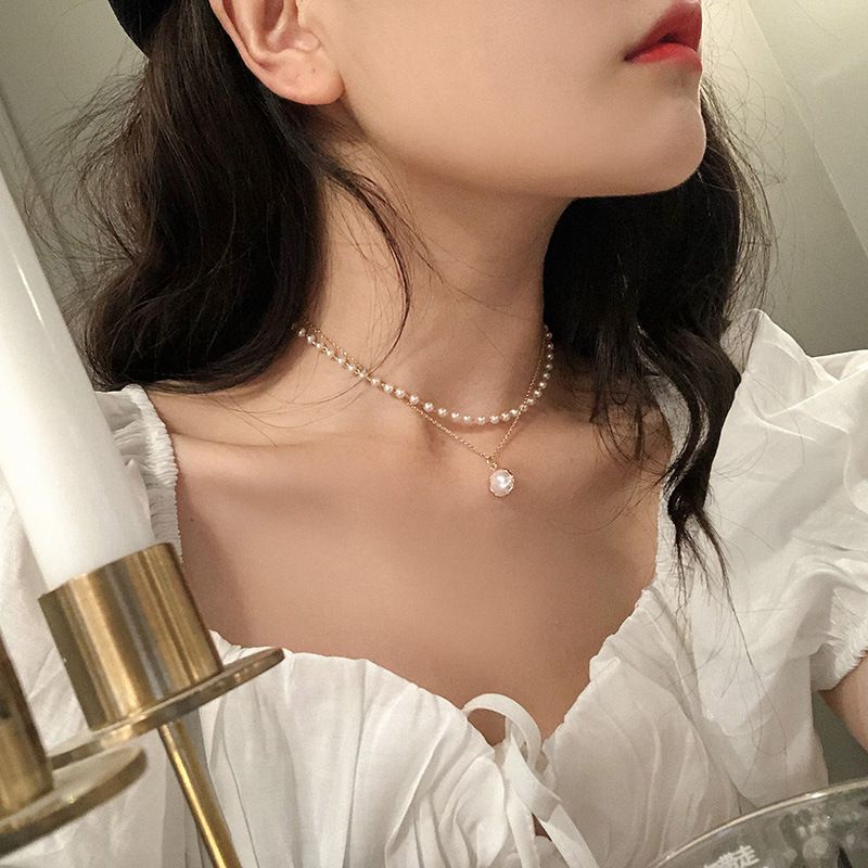 Collana con ciondolo di perle a doppio strato coreano Instagram Super Immortal Unique, girocollo semplice ed elegante da donna_voghion.com