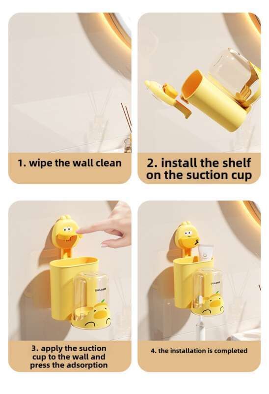Estante de almacenamiento para cepillos de dientes con ventosa de dibujos animados, soporte para vaso de pasta de dientes de pared sin perforaciones, enjuague bucal infantil para baño_voghion.com