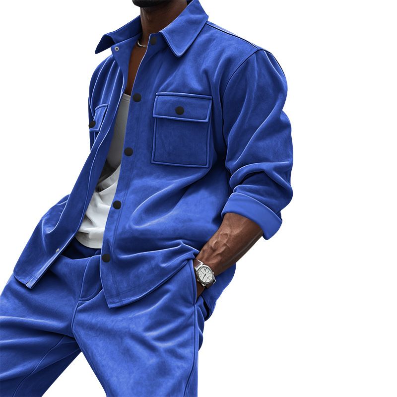 Autumn Winter American Style Jacket And Casual Pants Two-Piece Set Men's Solid Color Suede Suit_voghion.com