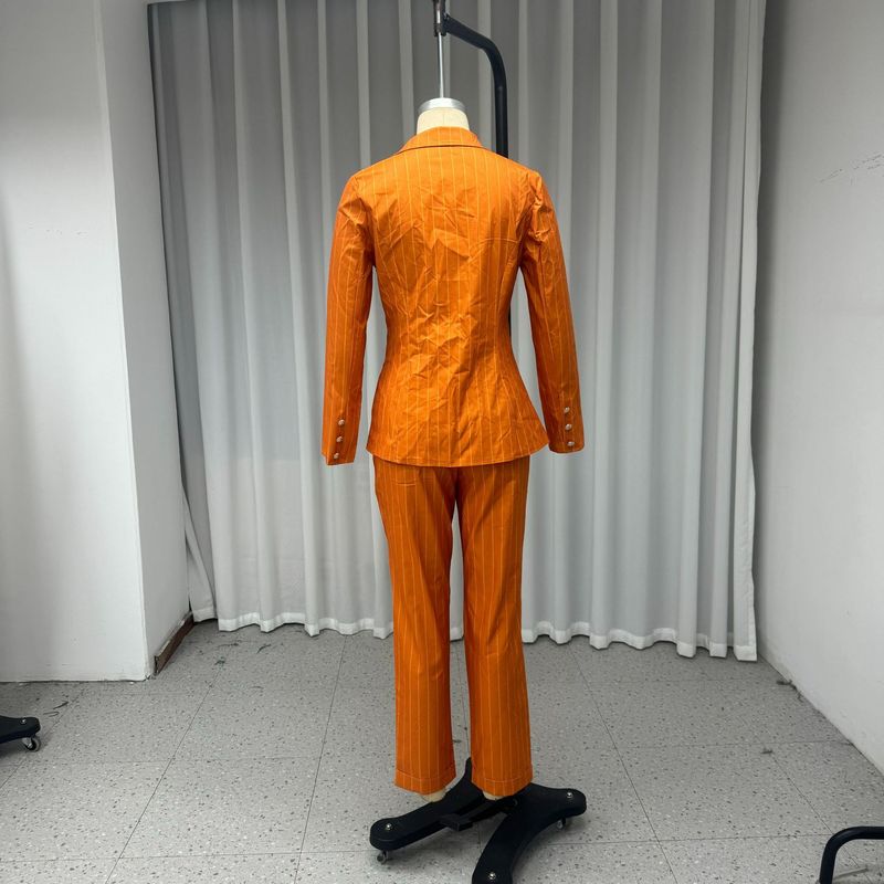 Elegant Striped Blazer & Trousers Set – Long Sleeve Notch Lapel, Wrinkle-Resistant Polyester & PU Blend (Orange, S/M/L/XL, Retro Office Chic)_voghion.com