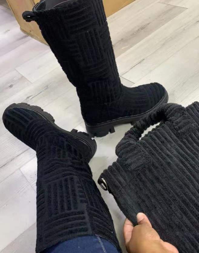 Neue Plateaustiefel mit Blockabsatz und warmer Wadenlänge aus Handtuchbaumwolle für Damen, Motorradstiefel_voghion.com