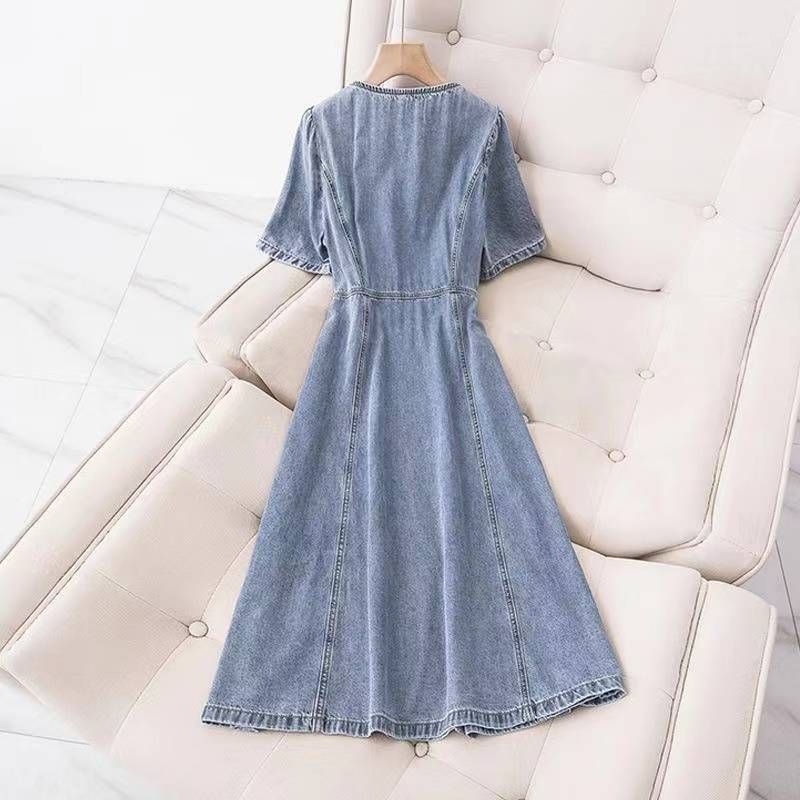 Vestido lavado, tamanho grande, largo, solto, emagrecedor, saia jeans de verão com corte fino, estilo Hong Kong, moderno_voghion.com