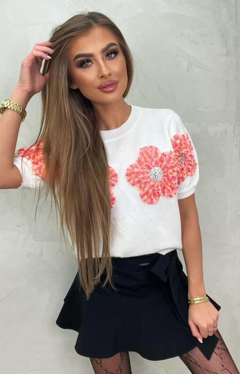 Abbigliamento donna Maglione girocollo a maniche corte con fiori a contrasto di colore rosa dolce_voghion.com