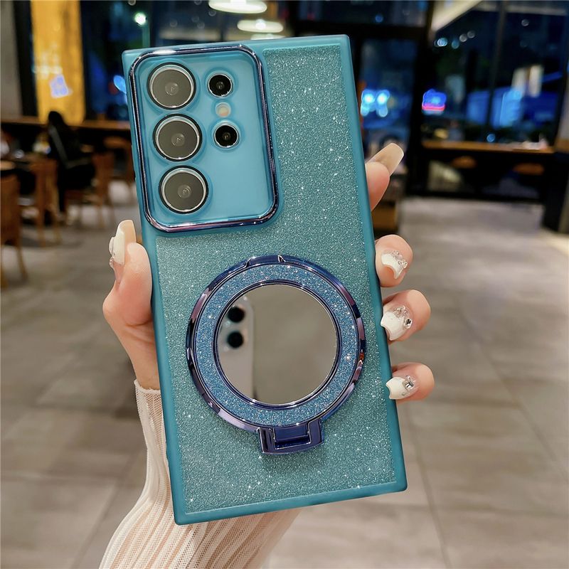 met spiegel magnetische telefoonstandaard voor Samsung S24 ultra transparante gliiter sticker case zachte cover S22 S23 Plus_voghion.com